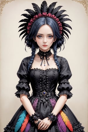 1girl,Eagle feathers, feather bonnet,
Gothic themed fashion style girls, gorgeous colorful dresses with colorful feathers, as if their entire body is wrapped in raven feathers,goth person,18thcentury,b3rli,solution epsilon \(overlord\)