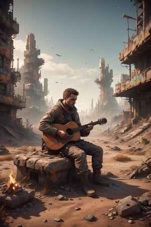 Imagine a post-apocalyptic world, where the remnants of a dilapidated city surround a lone figure. Picture a man sitting by a makeshift campfire in the midst of urban ruins, holding an acoustic guitar. The flickering flames cast dancing shadows on the broken structures, creating an atmosphere of desolation and survival.

The man's attire reflects the harsh conditions of this world – rugged clothing, worn-out boots, and perhaps some makeshift accessories. His fingers skillfully strum the guitar, the melancholic notes resonating with the somber ambiance of the abandoned city. This composition captures the solitude and resilience of a survivor finding solace in music amid the ruins of a once-thriving metropolis.