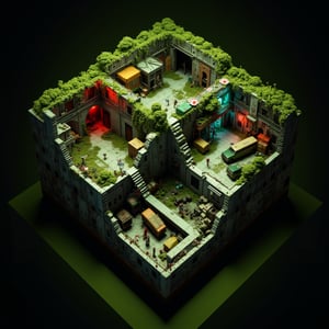 Isometric diorama of post-apocalyptic city, The Last of Us style. Multi-layered 3D cube structure, 30cm wide. Underground sewers with red danger glow. Middle layer: abandoned streets, overturned cars and buses as barricades. Upper level: survivor camp with tents, makeshift gardens. Lush overgrowth, vines covering buildings. Miniature figures of cautious survivors. Detailed graffiti and broken signs. LED lighting effects for underground and night ambiance. Rust and decay textures. Overall green-tinted color scheme. Hyper-detailed, 8K resolution, tilt-shift effect. Photorealistic miniature art style.,noc-isometric,EdwardH0pp3r