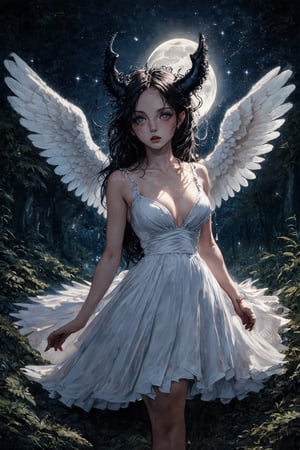 Fairy tale illustrations, otherworldly mythology, perfect sky, moon, shooting stars,
Pagan style graffiti art, general, forest background, one girl, Pagan demon girl, detailed facial features,sexy sideless dress,Masterpiece, Top Quality, Very Aesthetic, Super Detailed, Sideless Dress, Sidedress, Watercolor, 2bEimi,angelic