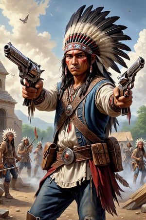 Hard-boiled atmosphere, oil art,1man, young Native American warrior,A sharp gaze full of anger, traditional Native American costume, war bonnet, eagle feather,Dual pistol in each hand,strikes a dynamic Akimbo pose,Dual_wield,Oil painting of Mona Lisa ,abmhandsomeguy,dual pistols