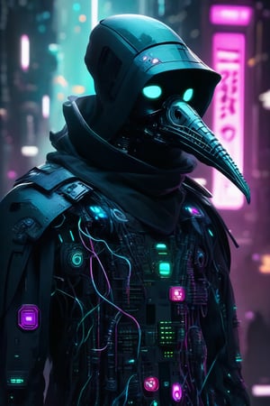 Plague Doctor,Cyberpunk Plague Doctor Cyborg, futuristic reinterpretation, LED eyes, smooth black exoskeleton, neon glowing seams, holographic HUD inside the mask, built-in air filtration system, , dark trench coat pattern with circuitry, , neural interface Ports, augmented reality scanner, chrome accents, data cables, dystopian city background, high contrast lighting, digital art, highly detailed rendered cells,sclera,,Ap0l0gr4ph1c,ek_ph0t0_b00ster,cyborg