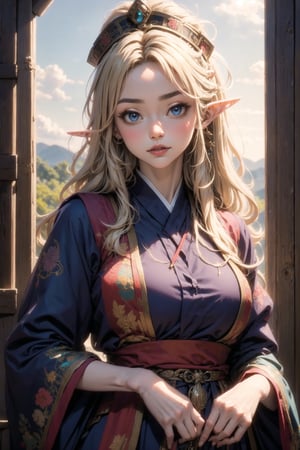, a beautiful elf girl,elf ear,Blonde hair,blue eyes, wearing traditional Ainu attire, adorned with intricate embroidery and patterns symbolizing Ainu culture, Her garments include a dress and apron,Completing her look is a unique headpiece that enhances her beauty,With pride in Ainu culture,Misery Stentrem,Nina Aslato,elf ears