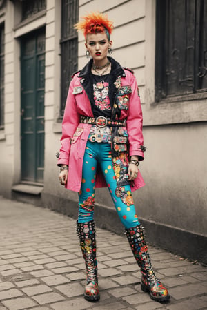 1man, vibrant and unconventional punk rock fashion, ensembles inspired by kitsch and maximalism, bold prints, clashing colors, oversized jackets decorated with whimsical patches, bright colors Unique accessories such as leggings, thick belts and decorative boots, spike studs,cinematic style