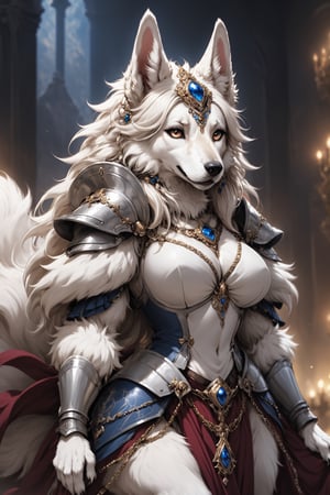 Extreme detailed,HENTAI anime style,
very long White hair beautiful borzoi aristocratic woman,(very long nose:1.2),((Fur skin)),long eyelashes,wears many ornaments,elegance and beautiful  borzoi Dog,
Wearing luxury Maximilian Armor,large Breast,
l ,aw0k euphoric styleMagical Fantasy style,Qftan,knight,anthro,dal