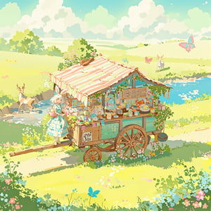 A warm and serene anime-style watercolor illustration. A lush meadow with wildflowers. A vintage wooden wagon converted into a quaint magic hat shop. Soft diffused sunlight creates a dreamy atmosphere.
A cheerful bunny-eared girl with fluffy white ears wears a pastel blue and white gingham apron. She stands behind the counter inside the wagon and smiles warmly.
Whimsical and colorful magic hats are on display, hanging from shelves and the wagon's awning,
Wagon details: floral-decorated wooden wheels, striped awning, hand-written "Maple's Magic Hat Shop" sign. A teapot and cups are placed on a small table for customers.
Surrounding nature: fluffy clouds, a nearby stream, butterflies, a family of deer watching from the edge of the forest. Gentle brushstrokes and soft colors accentuate the peaceful and magical atmosphere.rn,lyh,Japanese pattern