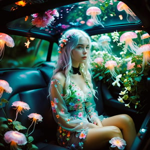 (Nordic girl),Aesthetic photography, high gamma, depth of field, girl white hair,sitting in car filled withflowers,photo naturalistic poses, 
wearing Luminescent Clothing,
vacation dadcore, a coolexpression, body extensions, jellyfish in car, analog film, super detail, dreamy lofiphotography, colourful, covered in flowers andvines, Inside view,FlowerStyle,r,hhc,interior,real_booster,aesthetic,Beautiful girl ,LuminescentCL,Jellyfish 