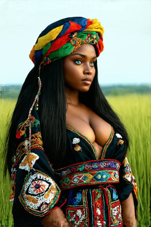 Super detailed, super realistic,beautiful african girl,Curvy body,
She wears old folk costume, long straight black hair,
colorful maria-veil on head,Yakuts folk costume of Siberian minority, beautiful crystal blue eyes, almond eyes, Slouching position, cleavage,intricate textile decorated with colorful and intricate geometric patterns,  decorative embroidery, clothes in earth colors such as black, red and green,beautiful reed meadow landscape,photo realistic 