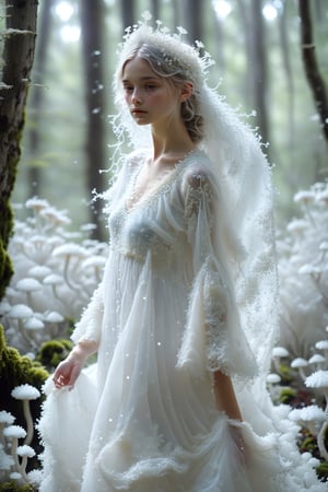  1girl,mushroom princess, in a stunning dress made of pure white slime mold, The ethereal gown flows like fine lace, glistening softly. Her crown, made of delicate mushroom caps, sparkles with tiny glowing spores. Standing in a mystical woodland glade, she embodies nature's elegance and mystery, her living dress swaying gently. The princess exudes purity and enchantment, showcasing the unexpected beauty of the natural world.,mushroomz,water dress,LuminescentCL
