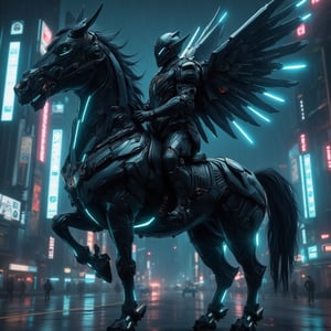 Cyberpunk-style knight on a cyborg horse, digital art. Sleek black cyber-suit with glowing neon blue accents. Imposing black helmet with tinted visor, displaying holographic HUD. Mechanical wings on the back, folded, made of black carbon fiber with exposed circuitry. The cyborg horse is a fusion of organic and mechanical parts, with visible hydraulics and armor plating. Neon lights trace the horse's muscular structure. The knight wields an energy lance, crackling with electricity. Urban night backdrop with towering skyscrapers and flying vehicles. Rain-slicked streets reflect neon signs. Atmosphere is gritty and high-tech. Hyperdetailed textures on the armor and horse's cybernetic parts. Color palette dominated by blacks, silvers, and electric blues. Dynamic pose, suggesting movement and power. Lighting emphasizes the contrast between shadow and neon glow.,Angelic Knight,F-GVA Armour Suit