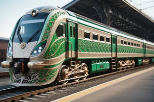 An elven-crafted locomotive, predominantly constructed with transparent glass, adorned with intricate Celtic designs. The sleek, ethereal glass engine is embellished with interwoven knotwork patterns, reminiscent of Celtic artistry. The train cars follow suit, featuring large, transparent windows that allow passengers to enjoy panoramic views,This elven-engineered locomotive seamlessly blends the elegance of elven craftsmanship with the mesmerizing beauty of Celtic design, creating a unique and enchanting mode of transportation ,DonM3lv3sXL,Clear Glass Skin,Magical Fantasy style