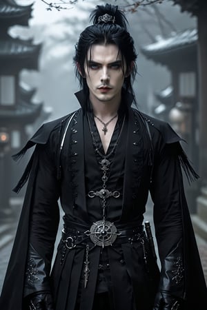 1man,((strikingly handsome French man)), Japanese-inspired gothic horror fashion, deep-set blue eyes and a strong jawline, and a modernized black kimono-style jacket that opens at the chest to reveal her pale skin. button. Tight black leather pants and platform boots with silver buckles. His ears have multiple piercings, including dangling earrings shaped like lanterns. Dark and smoky eye makeup emphasizes his gaze,.,goth person,black cloak,grey hair,male focus