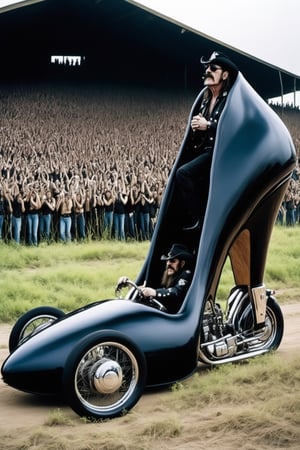 Photorealism (1man,Lemmy Kilmister:1.1) ,the motherFucker driving a black leather boots car, bling bling, next to a field of hell
, Photorealism, often for highly detailed representation, photographic accuracy, or visual illusion.,hhc,high heel car,