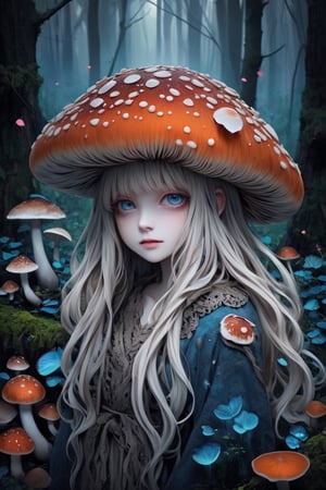 albino mushroom girl, mushroom Head,
stands amidst the tranquility,Adorned with soft, pale-colored petals resembling mushroom caps and delicate mycelium cascading from her hair, she exudes ethereal beauty. Her eyes, silver or pale blue, convey mystery and wonder as she moves gracefully through the enchanted landscape. Surrounded by vibrant colors and playful woodland creatures, she embodies the magic and wonder of nature's hidden treasures.",mushroomz,dal