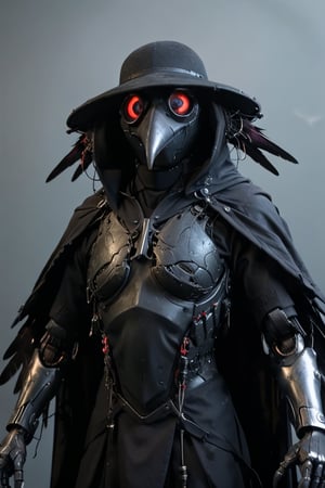 A cyborg plague doctor with a raven-themed design. The beaked mask is sleek, black metal with red, glowing digital eyes. The cloak is a high-tech fabric resembling feathers with an oil-slick sheen. Cybernetic hands have black, talon-like fingers. Mechanical wings, sleek and feathered, fold on his back or spread wide for gliding. Tubes and wires run from the mask and chest plate, pulsing with energy. This blend of haunting plague doctor and elegant raven is wrapped in cutting-edge cybernetic technology.,Cyborg_Life,hubggirl,madgod,zavy-cbrpnk