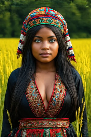 Super detailed, super realistic,beautiful african girl,Curvy body,
She wears old folk costume, long straight black hair,
colorful maria-veil on head,Yakuts folk costume of Siberian minority, beautiful crystal blue eyes, almond eyes, Slouching position, cleavage,intricate textile decorated with colorful and intricate geometric patterns,  decorative embroidery, clothes in earth colors such as black, red and green,beautiful reed meadow landscape,
,Portrait