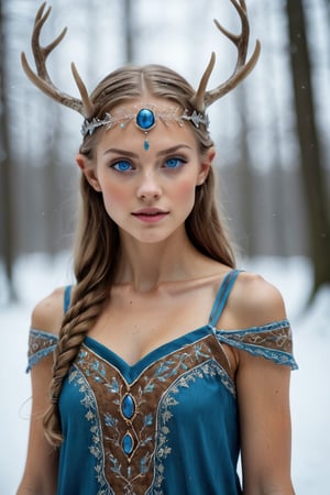 ancient Nordic legendary Young elf,elf ear,She wears a crown adorned with intricately carved antlers,mysteriously blue eyes, adding an air of mystique and wisdom. Her attire is a flowing ancient Germanic dress, crafted from natural fabrics and decorated with detailed embroidery and runic symbols. The dress features earthy tones and elaborate patterns that reflect her deep roots in nature and lore.,Lace Blindfold,IMGFIX,zavy-hrglw,Realistic Blue Eyes,gl1tt3rsk1n