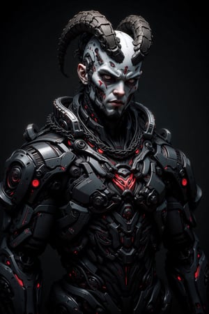 Bust-up portrait of Caucasian male cyborg vampire. Predominantly black cybernetic body with visible mechanical parts, wires, and glowing tech elements. Pale, ashen face with vampiric features. Completely white eyes, no iris or pupils. Demonic goat-like horns protruding from forehead, curving backwards. Crown of barbed wire wrapped tightly around head, digging into skin. Long, sharp fangs visible. Neck area shows transition between synthetic skin and mechanical components. Harsh, dramatic lighting emphasizing contrast between pale face and dark body. Sinister, otherworldly expression. Hyperdetailed textures: cold metal, synthetic skin, rough horn surface. Background dark and atmospheric, suggesting gothic or sci-fi setting. Blend of vampire lore, cyberpunk aesthetics, and demonic imagery..,LinzExoboneRobot,