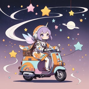 (chibi),fairy tale illustrations,Perfect sky, moon and shooting stars,moon on face, pagan style graffiti art, Kimono girl riding a scooter, hippy van, veichle focus, motor vehicle, no humans, (☆ // purple gradient background),)Star mark hanging on a string:1.2),
 BREAK
 top quality, sharp detail, oversaturated, detailed and complex, original work, trendy, vintage, award winning, artint,artint,starry sky,Anime girl,astronaut_flowers,seseeeh