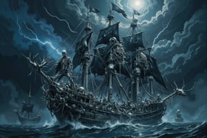 Massive ghostly galleon constructed entirely from human bones and giant skeletons. Towering sails made of translucent, stretched skin. Rigging of twisted sinew and hair. Hull formed by interlocking ribcages and femurs. Deck planks of flattened skulls. Masts are towering spinal columns. Figurehead is an enormous moose skull, antlers spread wide. Skeletal crew frozen in various poses. Tattered black flags with bone motifs. Ship glows with faint, otherworldly blue light. Wisps of spectral mist curl around the vessel. Dark, stormy sea beneath. Lightning illuminates the macabre details. Scale emphasized by tiny normal ships in distance. Hyperrealistic bone textures. Eerie, foreboding atmosphere. Blend of naval and anatomical accuracy with supernatural elements.,Skeletons From Abyss,FuturEvoLabFigure