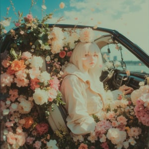 ((bokeh)),depth of field ,
(Nordic girl),Aesthetic photography, high gamma, depth of field, girl white hair,sitting in car filled withflowers,photo naturalistic poses, 
wearing Luminescent Clothing,
vacation dadcore, a coolexpression, body extensions, jellyfish in car,Jellyfish floating around,
analog film, super detail, dreamy lofiphotography, colourful, covered in flowers andvines, Inside view,FlowerStyle,r,hhc,interior,real_booster,aesthetic,Beautiful girl ,LuminescentCL,Jellyfish,Polaroidx