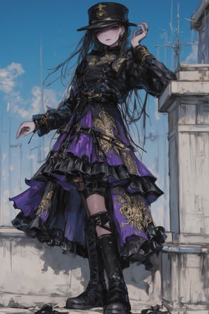 Elegant gothic lolita woman, full body portrait, 8k resolution, photorealistic. Black military style cap with gold trim. Long straight black hair blowing in the wind. Pale skin, heavy eye make-up and serious expression. Wearing a black high collar military jacket with gold embroidery and epaulettes, an elaborate purple and black skirt with an intricate gold chandelier print, a katana sword on her waist, and black lace-up boots. Standing on an abandoned concrete rooftop,blue sky in the background. Cinematic lighting shallow depth of field with focus on subject. Fantasy,dal,ct-animepopstyle