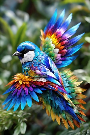 A small bird, with the most intricate patterns in the world. Its feathers display a mesmerizing array of colors, forming elaborate designs that seem to shift and dance as it moves. Each feather is a masterpiece of nature's artistry, with patterns reminiscent of intricate mandalas and fractals. The bird's wings flutter gracefully, showcasing the stunning symmetry and complexity of its plumage. This avian wonder captivates all who behold it, a living embodiment of nature's boundless creativity and beauty.,gbaywing,glass shiny style