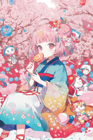 children's doodle style,
Colorful pop art, candy pop, lollipop punk, brightly colored berry beans, Konohanasakuya-hime seated gracefully beneath a blooming peach tree. She wears a traditional kimono with soft pink and white floral patterns, her hair adorned with fresh blossoms,dal-6 style,Color Splash,dramaticwatercolor,