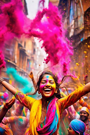  young Beautiful indian girl immersed in the joy of the Holi festival in India, Picture her wearing a traditional and brightly colored salwar kameez, her hands and face covered in an array of vibrant powdered pigments,Surround her with the dynamic energy of the festival, showcasing a background filled with people joyfully throwing colorful powders, creating a vivid and playful atmosphere. Optimize for a visually immersive composition that vividly captures the lively spirit and cultural richness of the Holi celebration,Goa