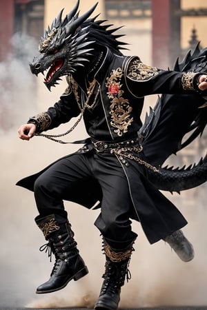 kung fu Punk,1man,a piece of gothic China-punk style art featuring a figure in an excessively decorated Kung Fu outfit. The outfit blends traditional Chinese elements with gothic and punk aesthetics, using dark, rich fabrics, intricate embroidery, metal spikes, chains, and lace accents,(wears a striking dragon mask), combining fierce dragon elegance with dark, ornate patterns.,action shot