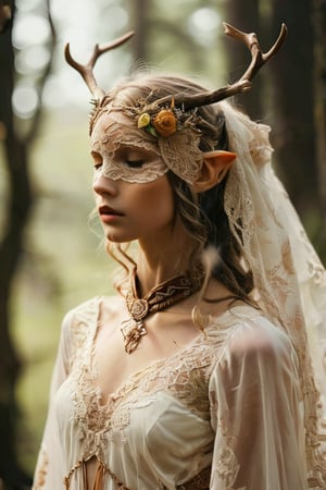 A legendary Young elf girl,ancient nordic,(wears a crown adorned with intricate antlers), a mystical veil blindfolding her, adding an air of mystery and wisdom. Her costume is a flowing ancient Germanic dress made from natural fabrics and decorated with detailed embroidery and runes. The dresses feature earth tones and elaborate patterns, reflecting her deep roots in nature and folklore..,Lace Blindfold,IMGFIX,Flower Blindfold