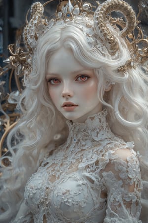 (long intricate horns:1.2) ,albino demon girl with enchantingly beautiful, alabaster skin, A benevolent smile,girl has Beautiful red eyes,soft expression,Depth and Dimension in the Pupils, white eyelashes, Her porcelain-like white skin reflects an almost celestial glow, highlighting her ethereal nature,Every detail of her divine lace costume is meticulously crafted, adorned with jewels that sparkle with a divine radiance, Capture the subtle intricacies of the lacework, emphasizing the delicate patterns that complement her unearthly features. From the curve of her horns to the flowing elegance of her dress, every aspect contributes to an aura of supernatural allure. The jewels, carefully placed, create a mesmerizing dance of light that enhances her divine presence, Consider the composition to portray her in a setting that complements her celestial beauty, whether it's a moonlit garden or a mystical realm, Illuminate the scene with soft, enchanting light to accentuate the magical and mysterious atmosphere,The overall goal is to evoke a sense of wonder and captivation, celebrating the unique and transcendent beauty of this albino demon gir,watercolor \(medium\),PorcelainDollPrincess,Paulina2