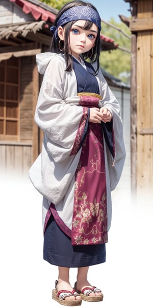 japanese Anime Style,full body,beautiful little girl,12 years old, wearing old traditional Ainu clothing,Russian and Japanese half girl, Shabby threadbare worn-out clothes,beautiful crystal blue eyes,Clothing that has deteriorated over time, The outfit consists of a robe-like garment called an 'attush' made from intricately woven fabric, adorned with intricate geometric patterns. She also wears a 'kaparamip' headband with decorative embroidery. The clothing is rich in earthy tones like browns, reds, and greens, reflecting a deep connection to nature,