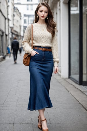 nordic girl,  full body, standing,attractive pale skin,modern fashion style, small round face,blue eyes, Big eyes, big pupils,  large pelvis, big breasts, narrow waist, healthy thighs, height 175 cm, 21 yo, solo, brown hair, shirt, holding, jewelry, standing, jacket, full body, earrings, belt, pants, bag, high heels,Fair Isle patterned sweater, realistic, holding bag, denim flared long skirt,photo_b00ster,better photography,photorealistic