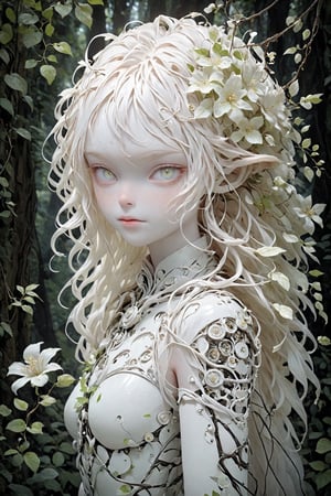 ((Cinematic high quality photo)),mysterious hybrid albino girl,Mechanical albino dryad,pure WHITE floral elements, wandering through an enchanted forest of bioluminescent trees and glowing plants,
This unique being, with a body covered in lush foliage and intricate gears, has radiant eyes that emit a soft, mesmerizing light. It explores the surreal landscape, a realm where nature and technology coexist harmoniously,
Delicate flowers intertwined with polished metal vines form a fascinating,ct-niji2