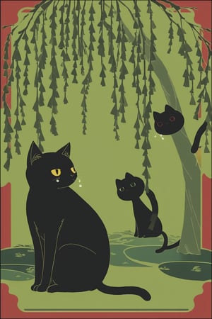 Hanafuda-style art, featuring a weeping willow and a cute black cat,
 Elegant willow branches with delicate green leaves cascade down, A sleek black cat sits beneath, its yellow eyes,Bold, simplified shapes in traditional colors. Red border frames the scene, flat-color-style,