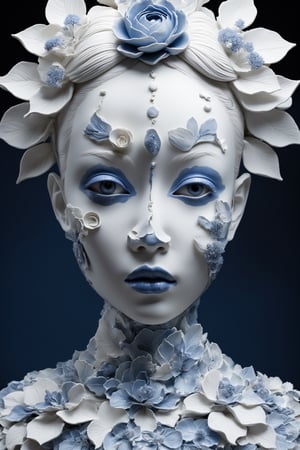 a woman made out of porcelain, white and blue, detailed facial features, organic forms, meticulous,makima
