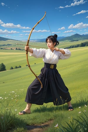 anime style,
Young Japanese woman, practicing kyudo (traditional Japanese archery) in a vast open grassland. Full-body shot of the archer in proper form, drawing a long bamboo bow. Wearing traditional kyudo attire: white kimono top (keikogi) and black hakama skirt. Hair neatly tied back in a ponytail. Focused expression, eyes fixed on an unseen target.

Arms fully extended, one pulling the bowstring, the other holding the bow steady. Arrow nocked and ready to release. Perfect T-shape posture demonstrating proper technique. Feet firmly planted shoulder-width apart.
Background: Serene, rolling green meadow stretching to the horizon. Tall grass swaying gently in the breeze. Clear blue sky with a few wispy clouds. Warm, natural lighting suggesting early morning or late afternoon.,1girl