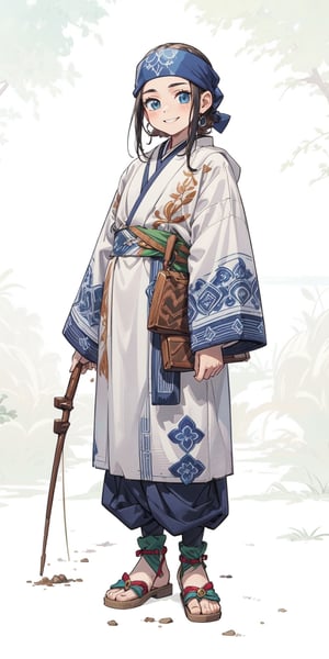 deformed Anime Style,full body,beautiful little girl,12 years old,smile,holding a bow, wearing old traditional Ainu clothingPolish and Japanese half girl, Shabby threadbare worn-out clothes,beautiful crystal blue eyes,Clothing that has deteriorated over time, The outfit consists of a robe-like garment called an 'attush' made from intricately woven fabric, adorned with intricate geometric patterns. She also wears a 'kaparamip' headband with decorative embroidery,The clothing is rich in earthy tones like browns, reds, and greens, reflecting a deep connection to nature,