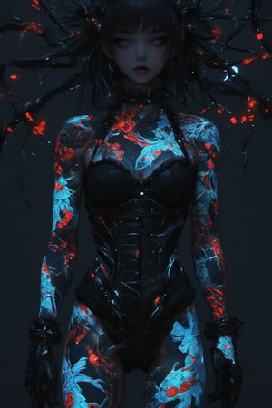 1 girl, gothic emo girl, long black hair and piercing blue eyes, sickly white skin, nose piercing, she wears a black lace corset, luminous body tattoos, Japanese tattoos, red cherry blossoms on her skin and blue koi fish intertwine across her body covered in glowing cyber tattoos with Japanese motifs, the dark background highlighting the brightly glowing tattoos of neon blue and red backlighting, highly detailed,ct-identity,tron legacy style,glowingstyle,Midjourney_Whisper,TattooMale