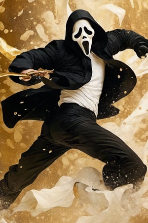 ((gold-ink folding and gold Leaf art)),
A man in a black coat and a white ghostface, ghost face costume,
saturday night fever!!!!!,action shot,japanese art,Ukiyo-e