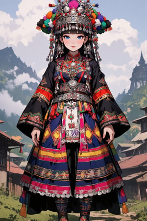 anime style,1Girl,16yo,A young Hmong girl in northern Thailand wearing an opulent traditional bridal costume. Vibrant, multi-layered outfit with intricate embroidery and silver coin decorations. Elaborate headdress adorned with colorful tassels, beads, and dangling silver ornaments. Heavy silver necklaces and large earrings frame her face. Richly embroidered jacket in deep indigo with geometric patterns in red, yellow, and green. Wide pleated skirt with bold horizontal stripes and detailed needlework. Ornate silver belt with hanging charms. Embroidered apron with intricate designs. Legs wrapped in indigo leggings with embroidered ends. Traditional cloth shoes with pointed toes. She stands in a misty mountain village with traditional Hmong houses in the background,by Midjourney_Whisper, adrr-zllj,HMong clothes,1girl,lyh