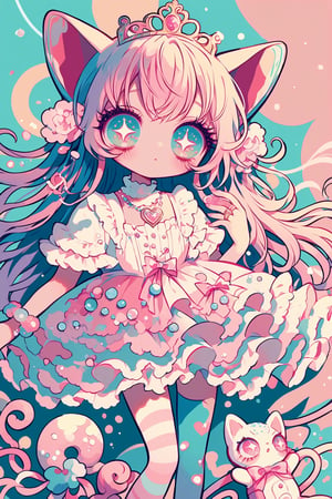 1girl ,vtuber anime character design,love＋peace＋ice cream,big Eyes,(Eyes that protrude from the contours of the face:1.3),(Extremely deformed eyes:1.2),
An over-the-top maximalist Vtuber character in hyper-decorative pink Lolita fashion. Her anime-style face features enormous, sparkling eyes in gradient pastel colors, framed by impossibly long eyelashes. Her multi-layered hair cascades in a riot of pastel pinks, purples, and blues, adorned with an excess of bows, flowers, and glittering accessories. She wears a frilly, cupcake-shaped dress in various shades of pink, covered in lace, ribbons, and ruffles. The dress is further embellished with candy motifs, stuffed animals, and miniature tea sets. Multiple petticoats peek out from beneath, each a different shade of pink. She sports striped stockings and platform shoes with heart-shaped buckles, Numerous bracelets, rings, and necklaces adorn her, along with a tiara and cat-ear headphones, background is a dizzying collage of pastel colors,anime style,anime girl,future0615