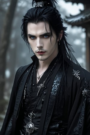 1man,((strikingly handsome French man)), Japanese-inspired gothic horror fashion, deep-set blue eyes and a strong jawline, and a modernized black kimono-style jacket that opens at the chest to reveal her pale skin. button. Tight black leather pants and platform boots with silver buckles. His ears have multiple piercings, including dangling earrings shaped like lanterns. Dark and smoky eye makeup emphasizes his gaze,.,goth person,black cloak,grey hair,male focus