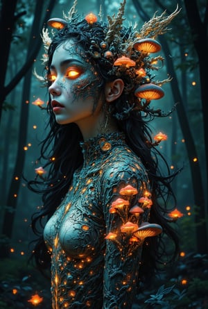 Fantasy forest queen, ethereal woman, bioluminescent fractal fungi growing on body as clothing, glowing mushrooms, intricate organic patterns, mystical aura, deep forest background, bioluminescent light, ethereal atmosphere, fantasy art, detailed fungi textures, iridescent colors, flowing hair with leaves and flowers, bark-like skin texture, glowing eyes, otherworldly beauty, high detail, cinematic lighting, 8K resolution, photorealistic rendering,#fractal,NeemoFairy