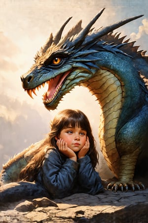 Ultra-realistic dragon, scales shining in the sunlight, gazing at the girl, the girl squints and rests her cheek against the dragon's face with a reassuring look, the dragon's eyes expressing understanding and protection.,nodf_sd3,perfect hand