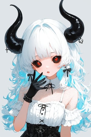 Shoujo manga style,1girl,ultra cute, Harajuku Style grunge fashion with kawaii and Lolita themes, albino demon girl,(pure white 
long hair),(black sclera;1.2),luxury mesh fishnet blouse,dal-1,ct-niji2,black hands