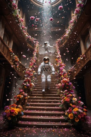 1 man,Astronauts surrounded by flowers, Colorful flowers falling like a waterfall, a flood of petals, astronauts landing on a flower star,staircase,astronaut_flowers