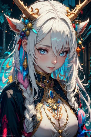 albino demon girl, (Long deer horn: 1.2) ,A shaman with deer antlers,(many ornaments hanging from the horn),crazy alternate hairstyle, amazingly intricately hair,colorful color hair, each braid painstakingly created,decorated with delicate accessories and beads,aesthetic,Beautiful Blue eyes, ,Rainbow haired girl ,dal-1, art nouveau,emo,1girl,Anime Style