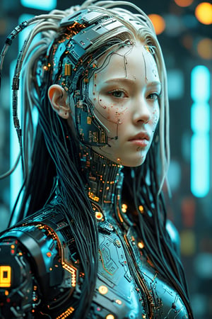 Impressive cyberpunk style art, albino female neuromancer, long hair composed of cables, ktrmkp face paint, many wires coming out of her head, high-tech jacket composed of circuit boards, metal parts, prosthetic hands made of high-tech materials
A breathtaking masterpiece, Cyborg,circuitboard,ktrmkp